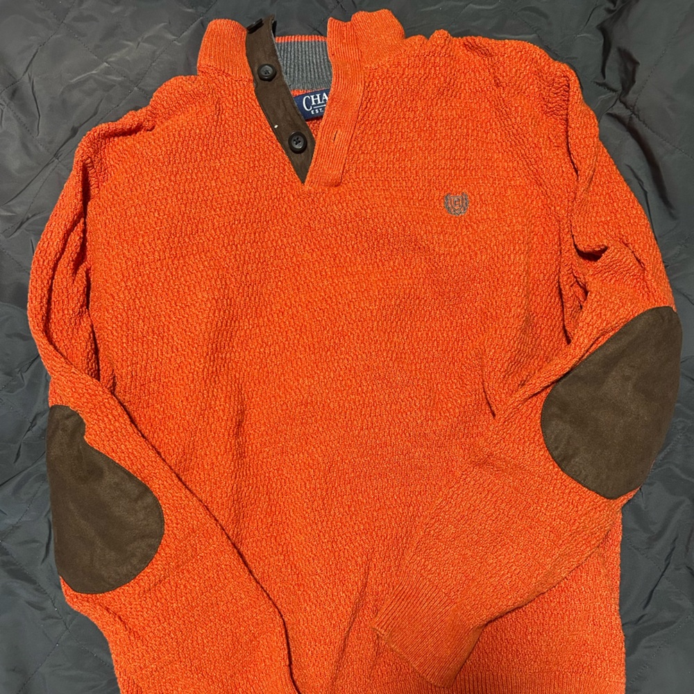 Chaps Orange V-Neck Sweater with Brown Elbow Patches